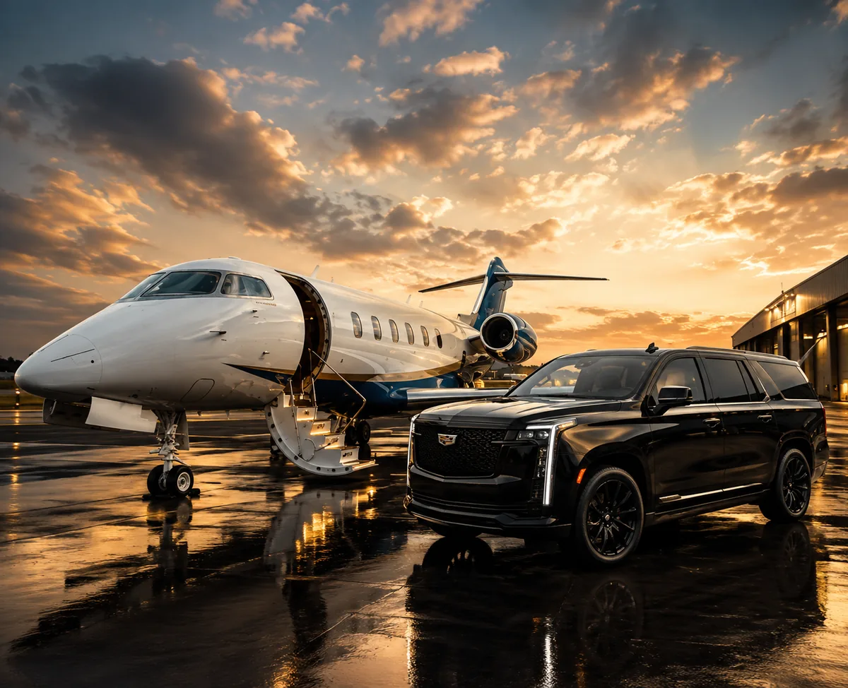 A chauffeured black luxury SUV waiting beside a private jet on the tarmac at sunset.