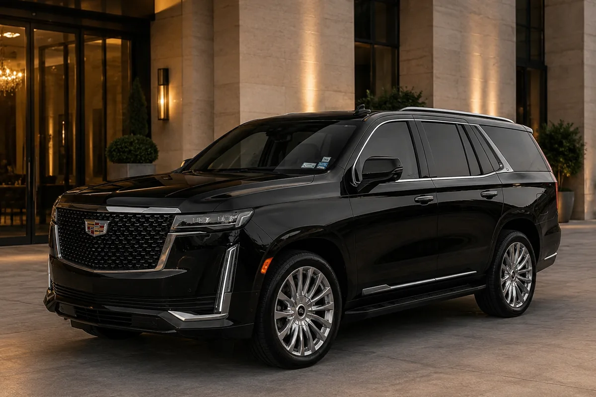 Black Cadillac Escalade Premium Luxury parked at a hotel entrance at dusk.