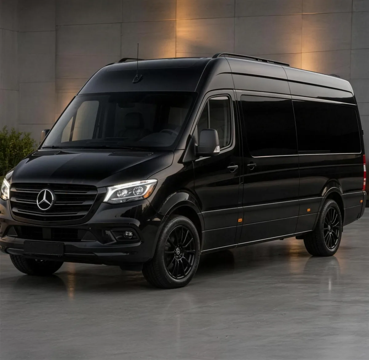 Black Mercedes-Benz Sprinter passenger van at dusk.
