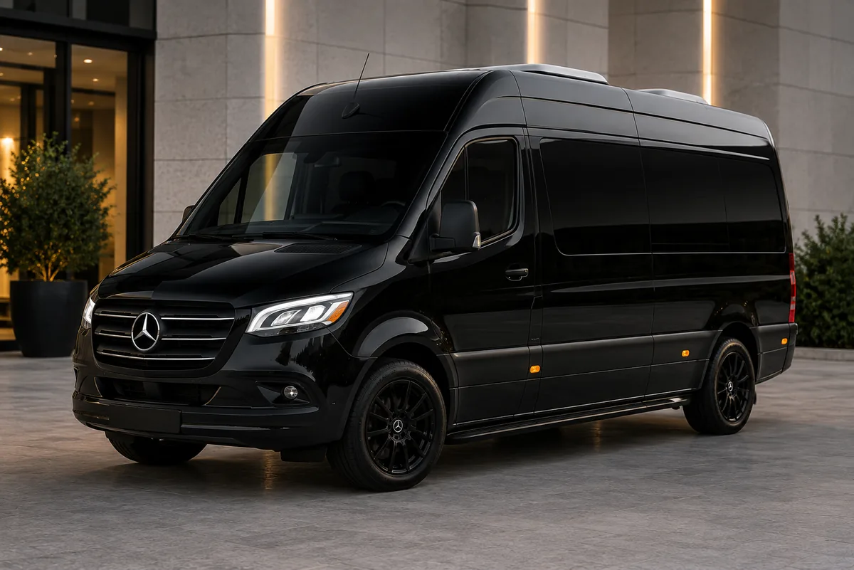 Black high-roof Mercedes-Benz Sprinter van parked at a hotel entrance.