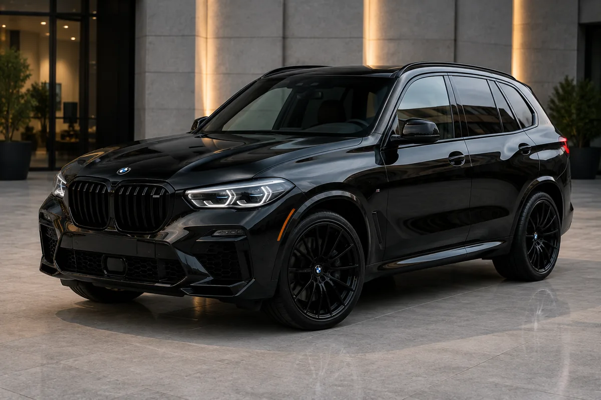 Black BMW X5 with tinted windows parked outside a modern building.